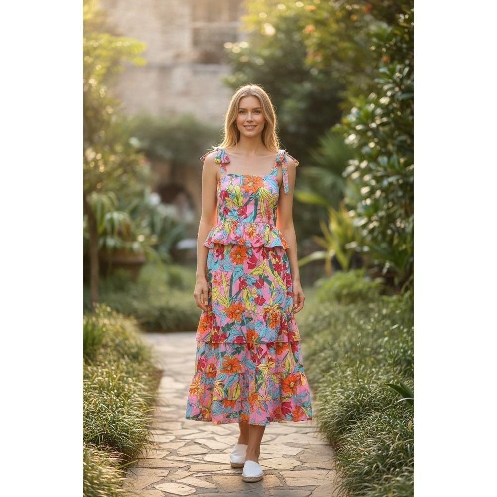 Avara Tropical Floral Midi Dress Medium Pink Multi Excellent Tie Strap Tiered
